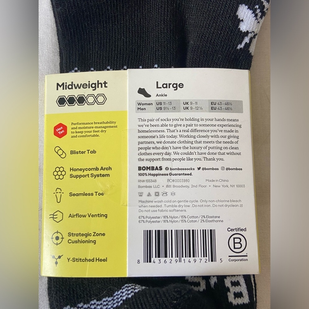 Bombas 1 Pair of Men’s Ankle Socks Large Black 9-13 - Picture 3 of 4